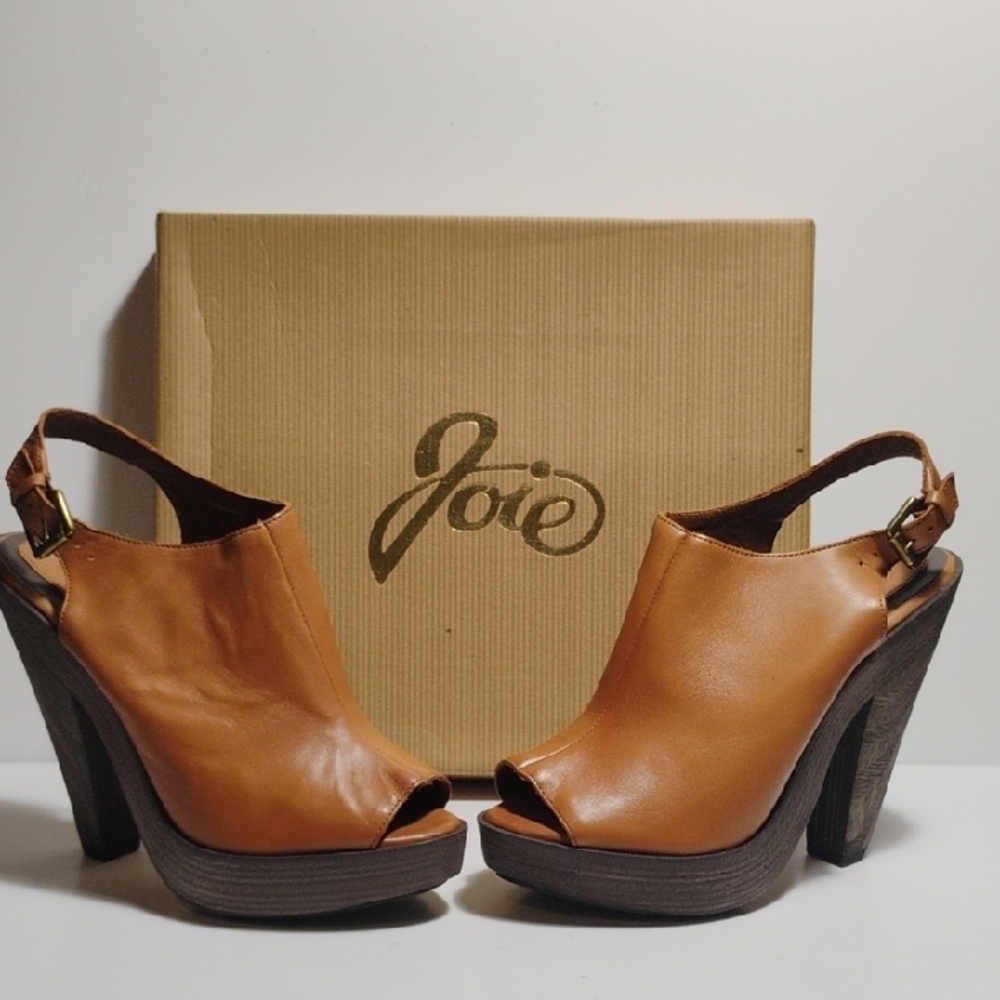 Joie Women's Get On Up In Cognac Leather Wooden Heeled Sandals In Box Sz 7.5